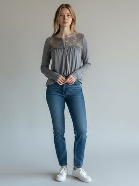 Easel Grey Lace Yoke Long Sleeve Top